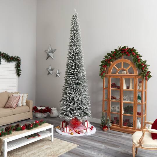 12ft. Pre-Lit Flocked Artificial Pencil Christmas Tree, Clear Lights